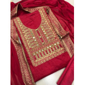Chanderi and Santon Ladies Suit Red Colour